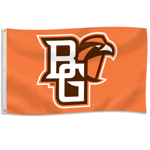Orange Bowling Green State University deluxe 3x5 flag featuring the bold “BG” logo with a falcon head in brown and white outline, equipped with grommets for indoor or outdoor hanging.