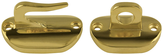 Polished brass hook and eye set designed for flagpole halyard management, featuring two mounting holes for secure installation and a smooth, corrosion-resistant finish for lasting outdoor use.