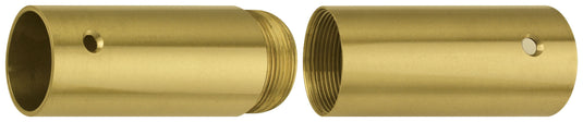 Close-up of brass screw joint set for wooden flagpoles, showing threaded male and female connectors with small alignment holes and polished finish.