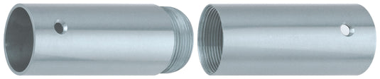 Close-up of silver metal screw joint set for wooden flagpoles, featuring threaded male and female connectors with matching alignment holes and smooth satin finish.