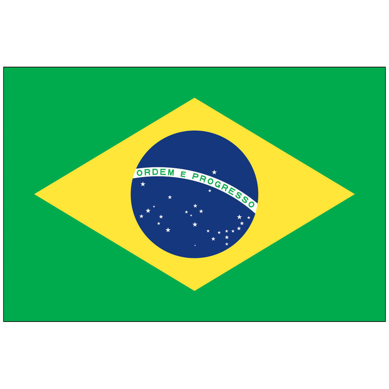 Load image into Gallery viewer, Brazil flag with green field, yellow diamond, and blue globe showing white stars and a banner reading ‘Ordem e Progresso.
