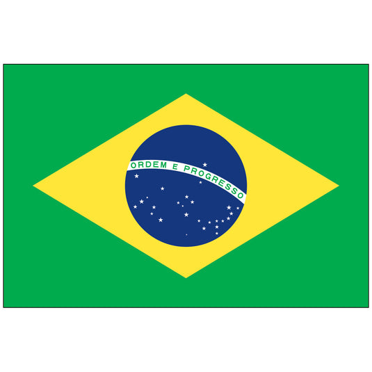 Brazil flag with green field, yellow diamond, and blue globe showing white stars and a banner reading ‘Ordem e Progresso.