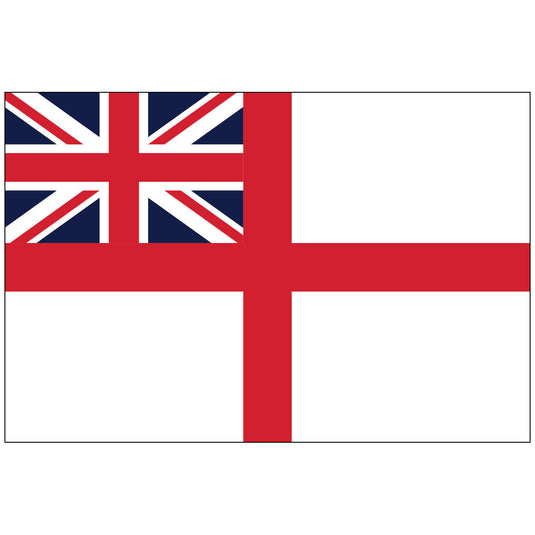 British Navy flag featuring a red St. George’s cross on a white field with the Union Jack in the upper left corner.