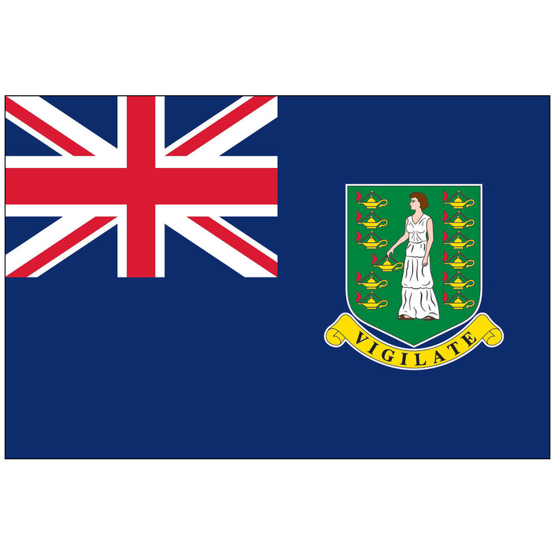 Load image into Gallery viewer, British Virgin Islands flag featuring the Union Jack in the upper left and the territory’s coat of arms with Saint Ursula and lamps on a blue field.

