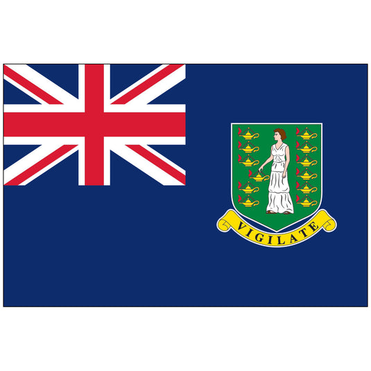British Virgin Islands flag featuring the Union Jack in the upper left and the territory’s coat of arms with Saint Ursula and lamps on a blue field.