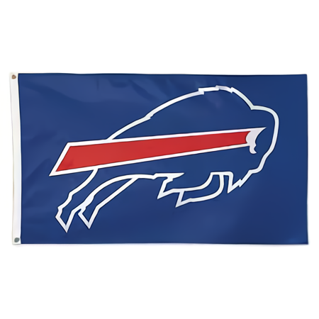 Buffalo Bills deluxe 3x5 blue flag featuring the team’s charging buffalo logo with a red streak.