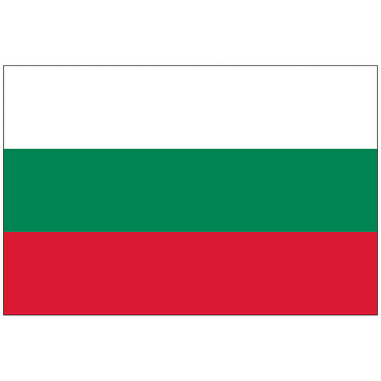 Flag of Bulgaria with horizontal stripes of white, green, and red.
