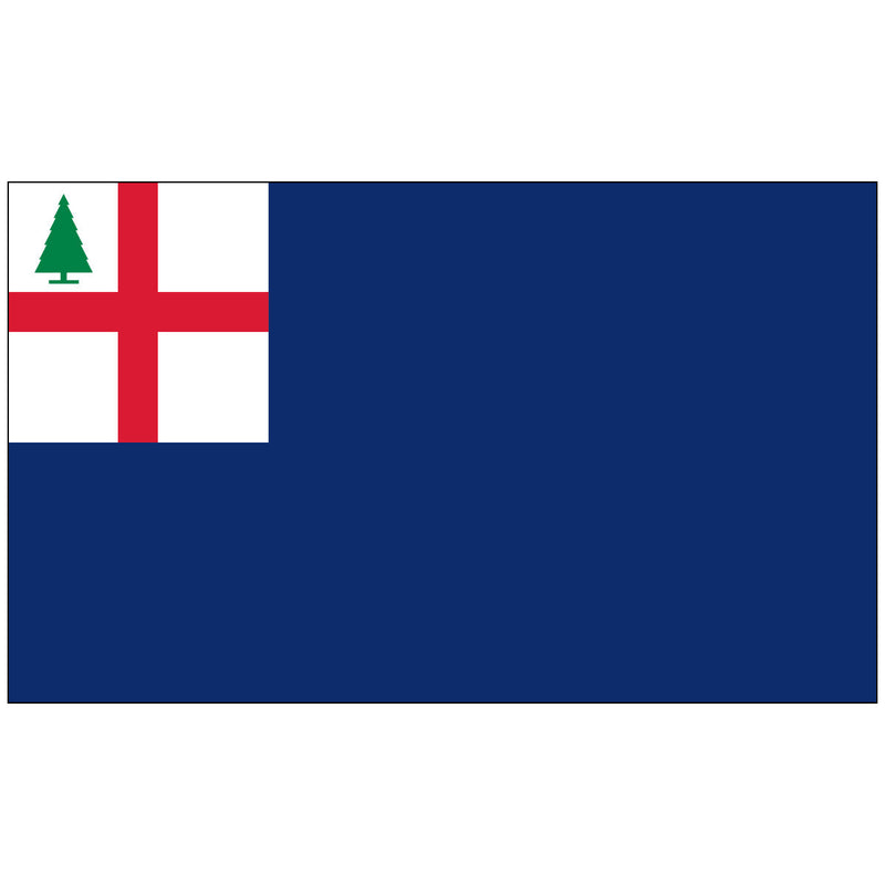 Load image into Gallery viewer, Bunker Hill flag with navy blue field and white canton displaying a red cross and green pine tree.
