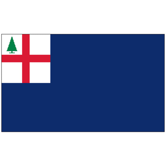 Bunker Hill flag with navy blue field and white canton displaying a red cross and green pine tree.