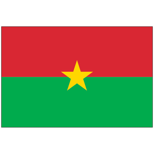 Flag of Burkina Faso made of nylon, featuring two horizontal bands of red over green, with a centered yellow five-pointed star.