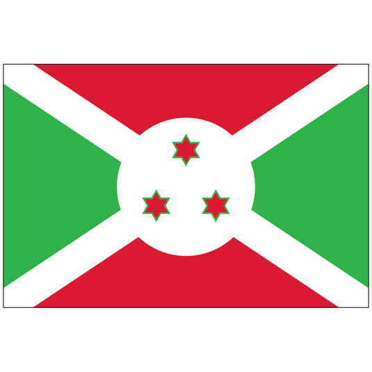 Flag of Burundi made of nylon, featuring a white saltire dividing the flag into red (top and bottom) and green (hoist and fly) panels, with a white disk in the center displaying three red-outlined green six-pointed stars.