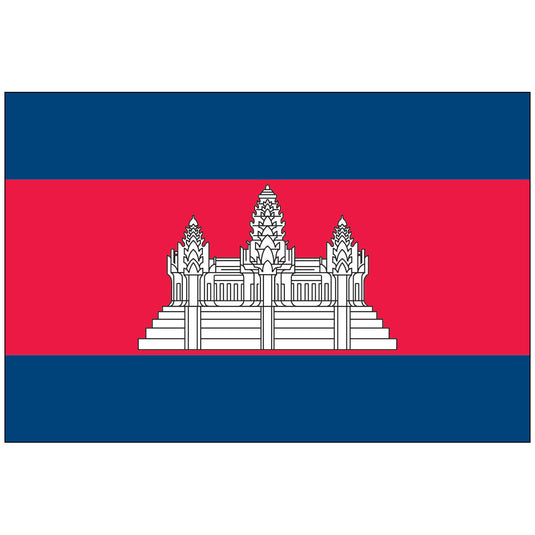 Flag of Cambodia made of nylon, featuring two blue horizontal stripes bordering a wide red central stripe with a white depiction of the Angkor Wat temple.