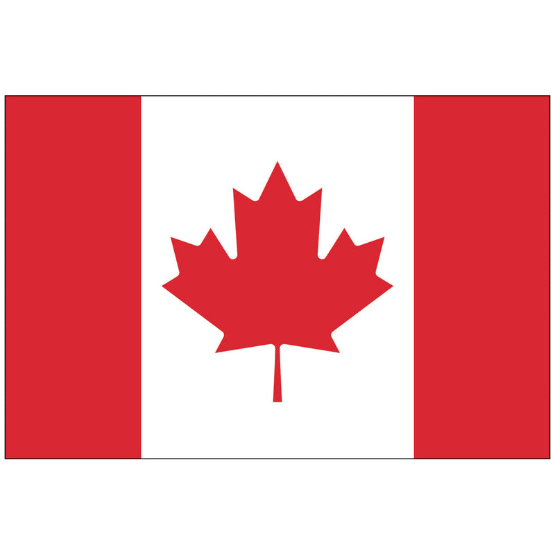 Load image into Gallery viewer, National flag of Canada, featuring a red vertical stripe on the hoist and fly sides separated by a white square field with a large centered red 11-pointed maple leaf.
