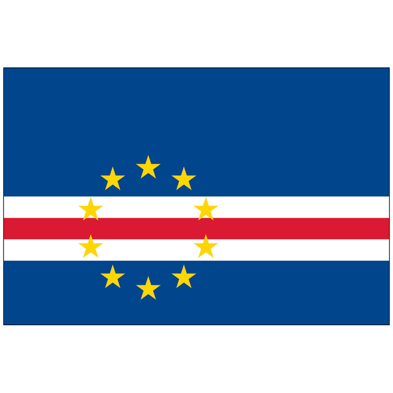 Load image into Gallery viewer, Flag of Cape Verde made of nylon, featuring a blue field with three horizontal stripes—white, red, and white—across the lower half, and a circle of ten yellow stars centered on the stripes.
