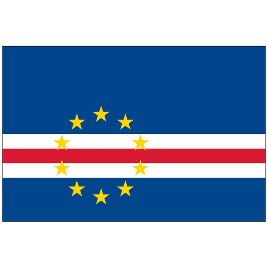 Flag of Cape Verde made of nylon, featuring a blue field with three horizontal stripes—white, red, and white—across the lower half, and a circle of ten yellow stars centered on the stripes.