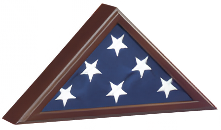 Cherry finished wooden capitol flag case with a glass front, designed to display a triangularly folded American flag (Veterans Memorial size).