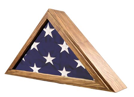 Vintage oak wooden capitol flag case with a triangular design, used for honoring service members by showcasing a folded burial flag.