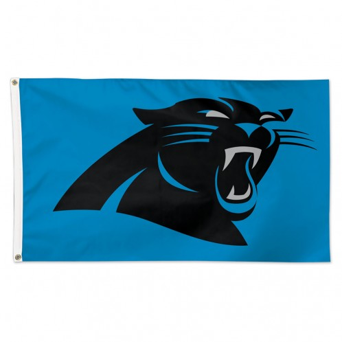 Deluxe 3x5 Carolina Panthers NFL Sport Flag on a blue background, featuring the primary black panther head logo with white fangs and blue outlines.
