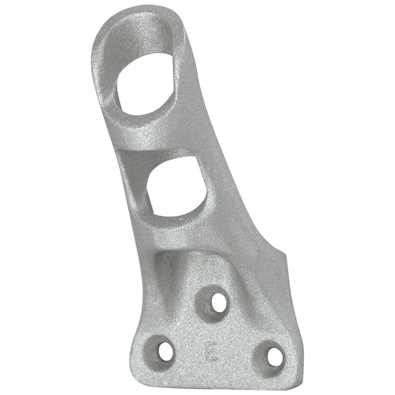 Load image into Gallery viewer, Cast aluminum flagpole bracket in a silver/mill finish, featuring two pole positions (vertical and angled) for mounting a residential flag staff to a wall.
