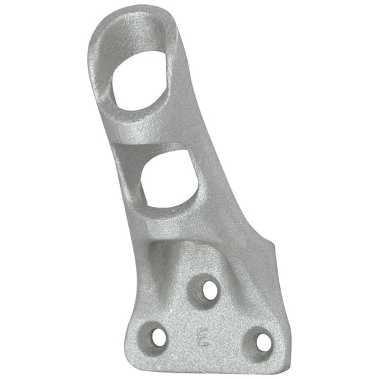 Cast aluminum flagpole bracket in a silver/mill finish, featuring two pole positions (vertical and angled) for mounting a residential flag staff to a wall.