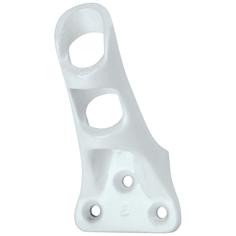Load image into Gallery viewer, White cast aluminum flagpole bracket with a powder-coated finish, designed with three screw holes and a dual-position sleeve for securely mounting a flag staff.
