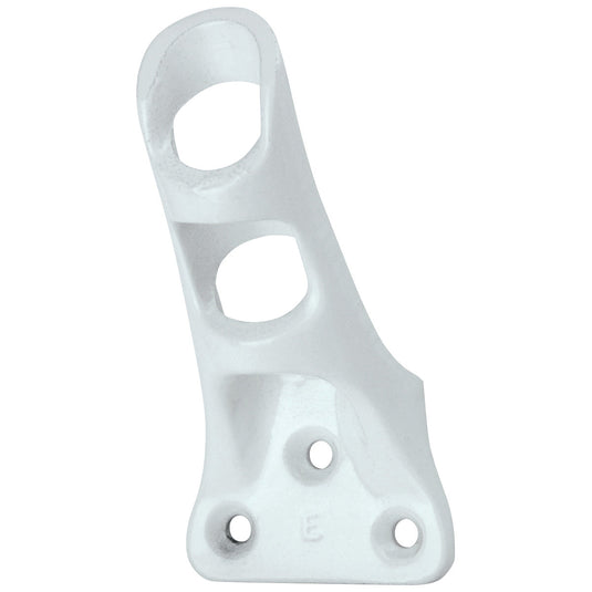 White cast aluminum flagpole bracket with a powder-coated finish, designed with three screw holes and a dual-position sleeve for securely mounting a flag staff.