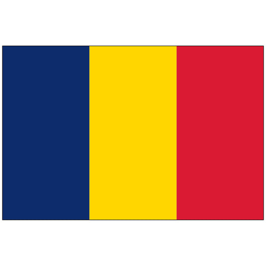 Flag of Chad made of nylon, a vertical tricolor consisting of blue (hoist), yellow (center), and red (fly) stripes.