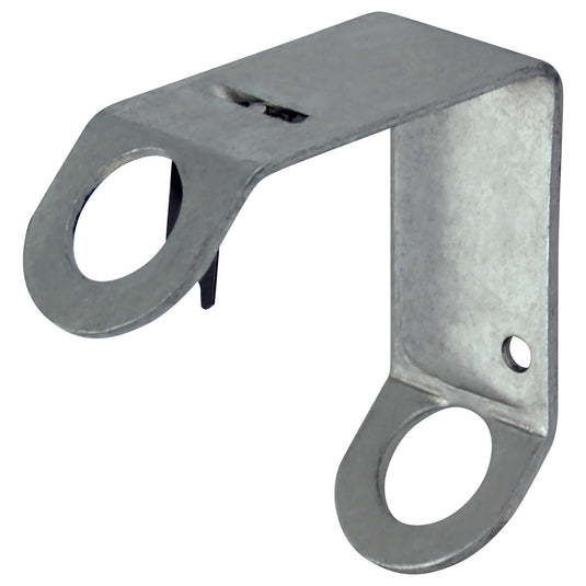 Metal classroom/school flag bracket with a silver finish, featuring two circular openings for mounting a classroom flag pole securely to a wall.