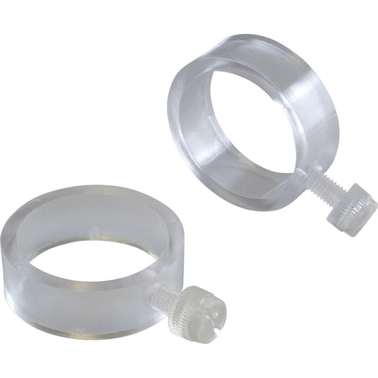 Set of two clear plastic flag rings with attached thumb screw fasteners, designed to be used as non-tangle flagpole mounting hardware for residential poles.