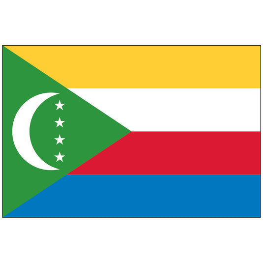 Flag of Comoros made of nylon, featuring four horizontal stripes (yellow, white, red, and blue) with a green triangle at the hoist containing a white crescent and four white stars.