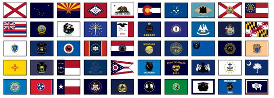 Complete set of 50 US State Flags made of nylon, shown side-by-side in a grid format, designed for indoor or parade display with a pole hem for mounting on a staff.