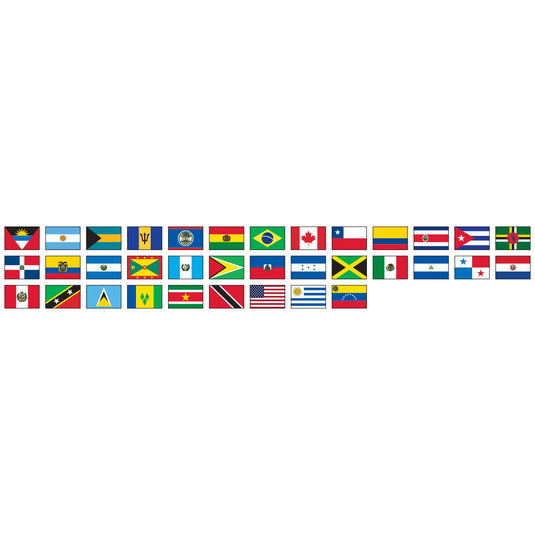 Complete set of flags for all O.A.S. (Organization of American States) Member Nations made of nylon, shown in a grid, and specifically designed for outdoor use on flagpoles.