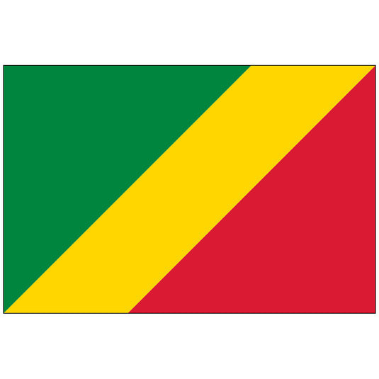 Flag of the Republic of Congo made of nylon, featuring a diagonal yellow band separating an upper green triangle (hoist) and a lower red triangle (fly).