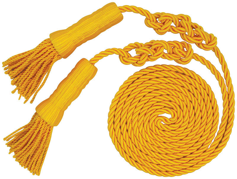 Load image into Gallery viewer, Gold ceremonial cord and tassel set, featuring thick twisted rayon cord coiled in a circle with decorative knots and two fringed tassels for an indoor flag display.

