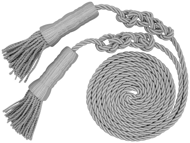 Load image into Gallery viewer, Silver/grey ceremonial cord and tassel set, a flagpole accessory with a braided rope design, finished with two tassels for indoor parade flags.
