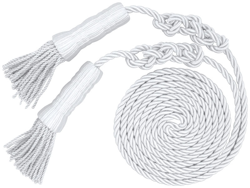 Load image into Gallery viewer, White ceremonial cord and tassel set made of twisted rayon, used as an ornamental accessory to drape around the staff of an indoor display flag.
