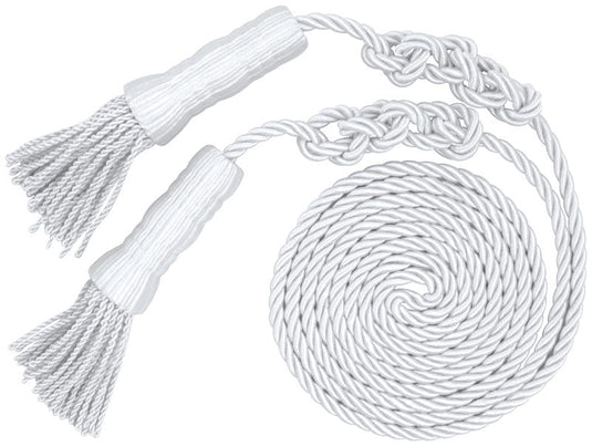 White ceremonial cord and tassel set made of twisted rayon, used as an ornamental accessory to drape around the staff of an indoor display flag.