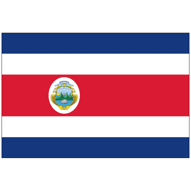 Load image into Gallery viewer, State flag of Costa Rica made of nylon, featuring five horizontal stripes (blue, white, red, white, blue) with the national coat of arms centered on the red band.
