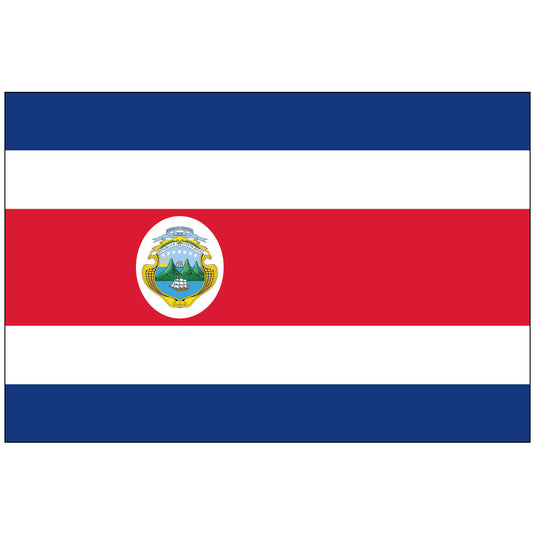 State flag of Costa Rica made of nylon, featuring five horizontal stripes (blue, white, red, white, blue) with the national coat of arms centered on the red band.