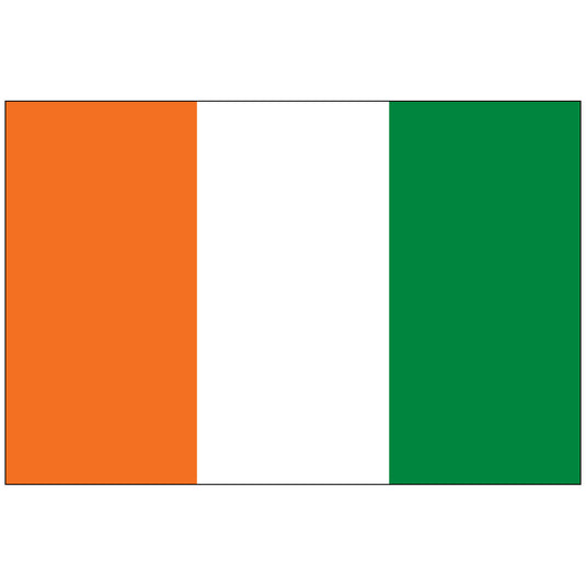 Flag of Cote d'Ivoire (Ivory Coast) made of nylon, a vertical tricolor of orange (hoist), white (center), and green (fly) stripes.
