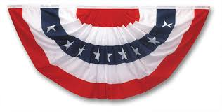 Made in USA cotton pleated patriotic bunting fan, 3'x6' size, featuring a half-round design with red, white, and blue stripes and white stars on the blue section.
