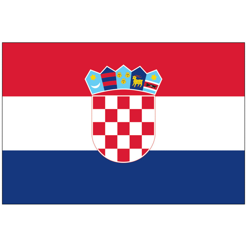 Load image into Gallery viewer, Flag of Croatia made of nylon, a horizontal tricolor of red, white, and blue, centered with the national coat of arms, which features a red and white checkerboard shield topped with a crown of five historical shields.
