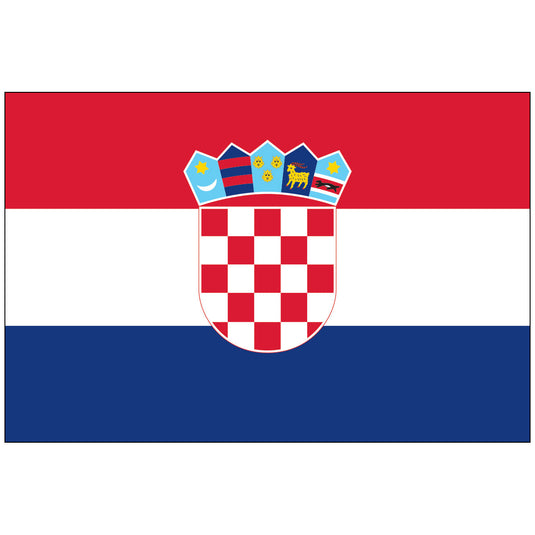 Flag of Croatia made of nylon, a horizontal tricolor of red, white, and blue, centered with the national coat of arms, which features a red and white checkerboard shield topped with a crown of five historical shields.