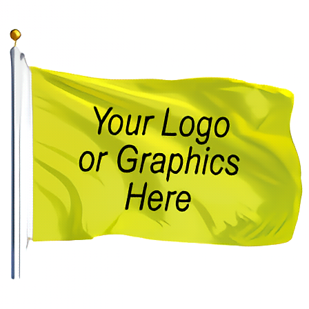Custom printed double-sided polyester knit flag mockup, shown waving on a flagpole, featuring a bright yellow field with placeholder black text that reads 