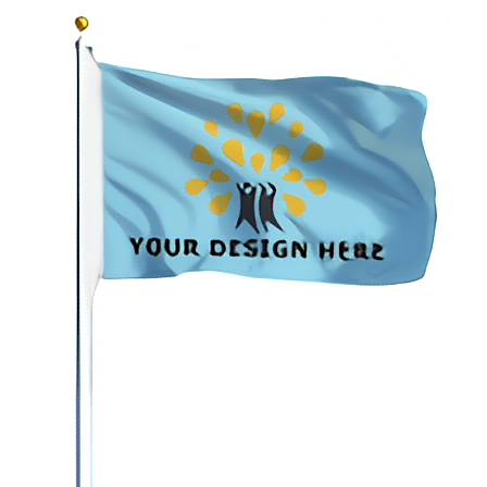 Load image into Gallery viewer, Custom value printed single-sided polyester flag mockup, shown waving on a pole, featuring a light blue field with a tree logo and placeholder text that reads "YOUR DESIGN HERE."
