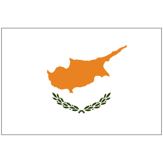 Flag of Cyprus made of nylon, featuring a white field with an orange silhouette of the island over two crossed green olive branches underneath.