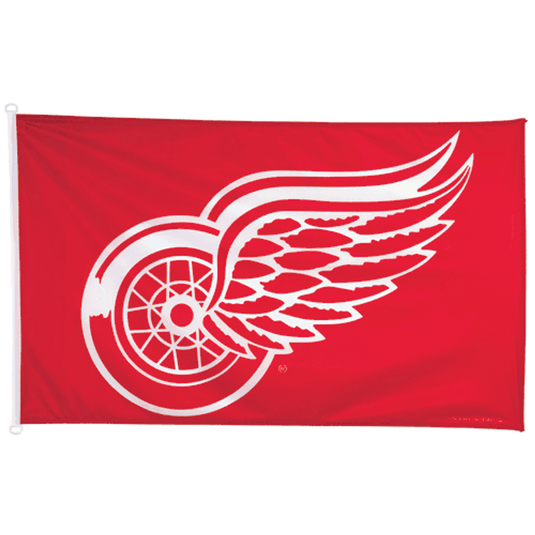 Deluxe 3x5 Detroit Red Wings NHL Sport Flag on a red field, featuring the team's logo of a white winged wheel in the center.