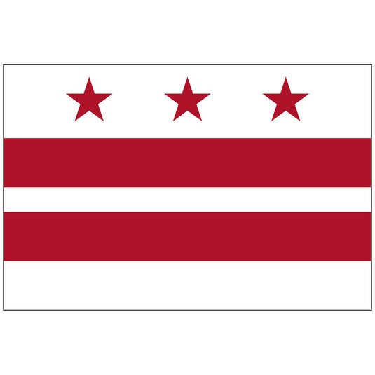 Official flag of the District of Columbia (Washington D.C.), featuring a white field with two horizontal red bars and three red five-pointed stars above the top bar.