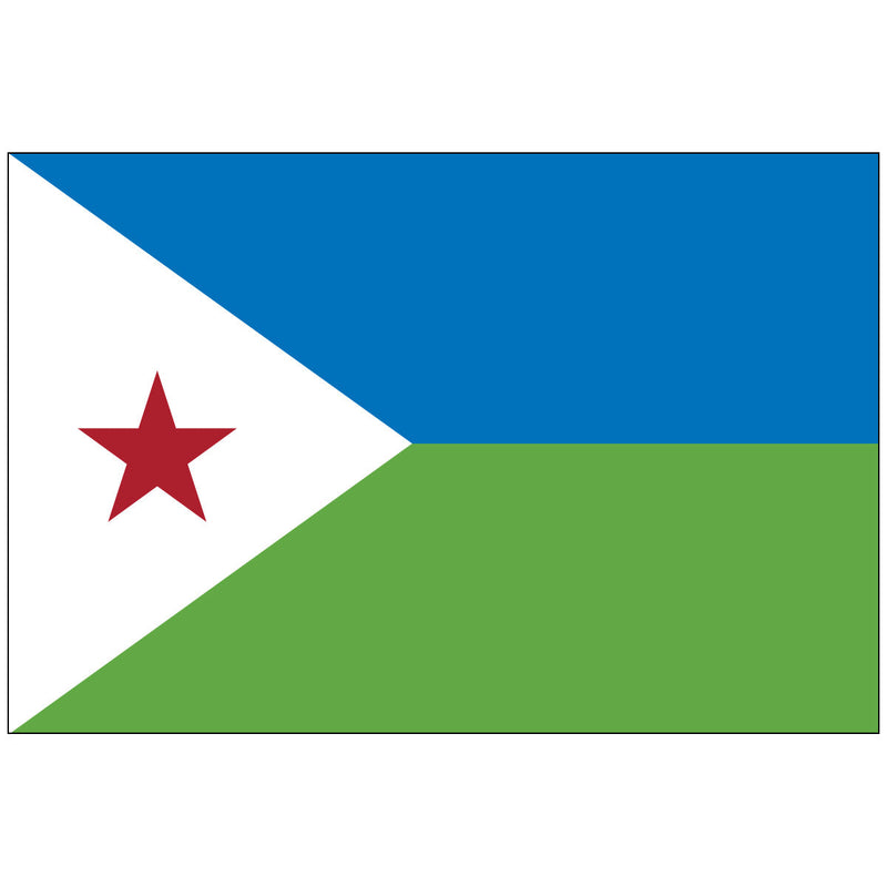 Load image into Gallery viewer, Flag of Djibouti made of nylon, featuring a horizontal blue stripe over green, with a white triangle at the hoist containing a red five-pointed star.
