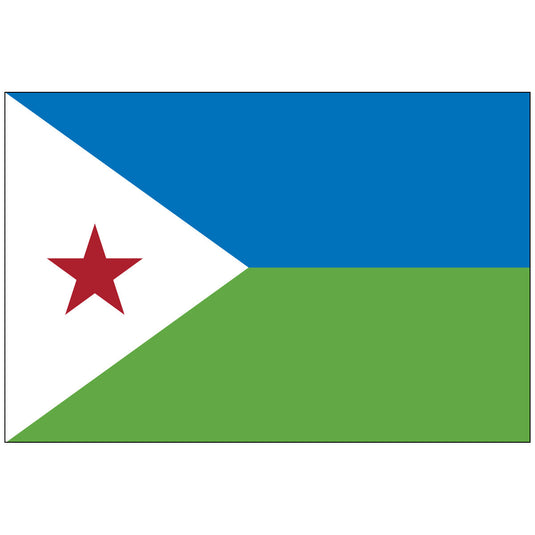 Flag of Djibouti made of nylon, featuring a horizontal blue stripe over green, with a white triangle at the hoist containing a red five-pointed star.